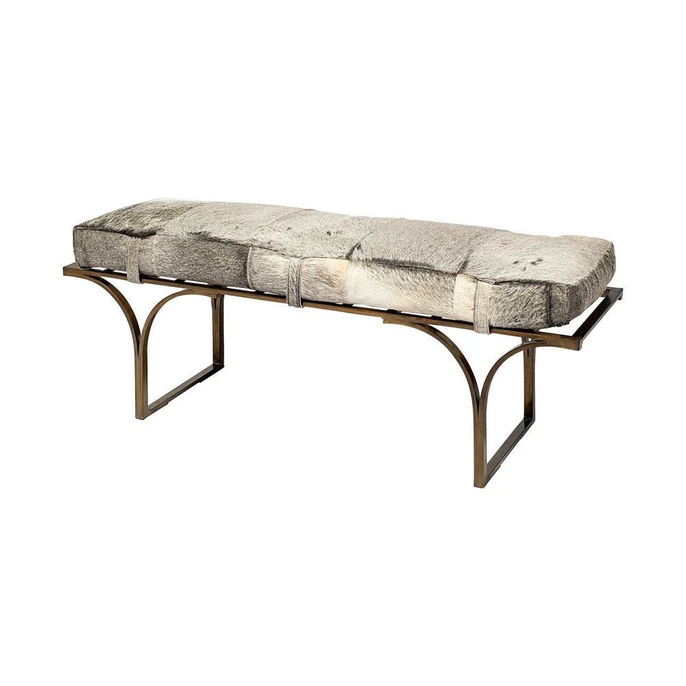 Joyce White/Gray Hair-On-Hide | Gold Metal Bench 3 Joyce White/Gray Hair-On-Hide | Gold Metal Bench