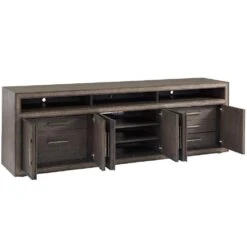 Hampton Long Media/Home Office Console - Medium Brown -France and Son Store 102 661 Silo Open