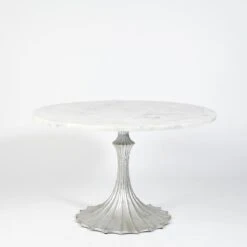 Flute Table 48 White Marble Top W/26 Silver Leaf Base