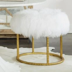 Stud Pouf-Gold Leaf-White Fur -France and Son Store 34418