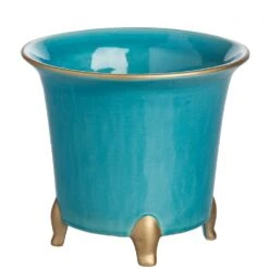 Cachepot, Turquoise With Gold, Large Set Of 2