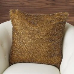 Golden Beaded Shag Pillow