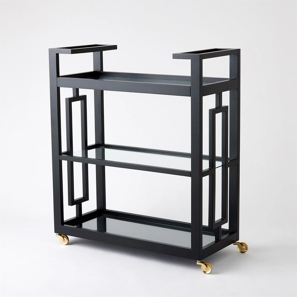 Grid Block Bar Cart-Black Lacquer With Shiny Brass Wheels 3 Grid Block Bar Cart-Black Lacquer With Shiny Brass Wheels