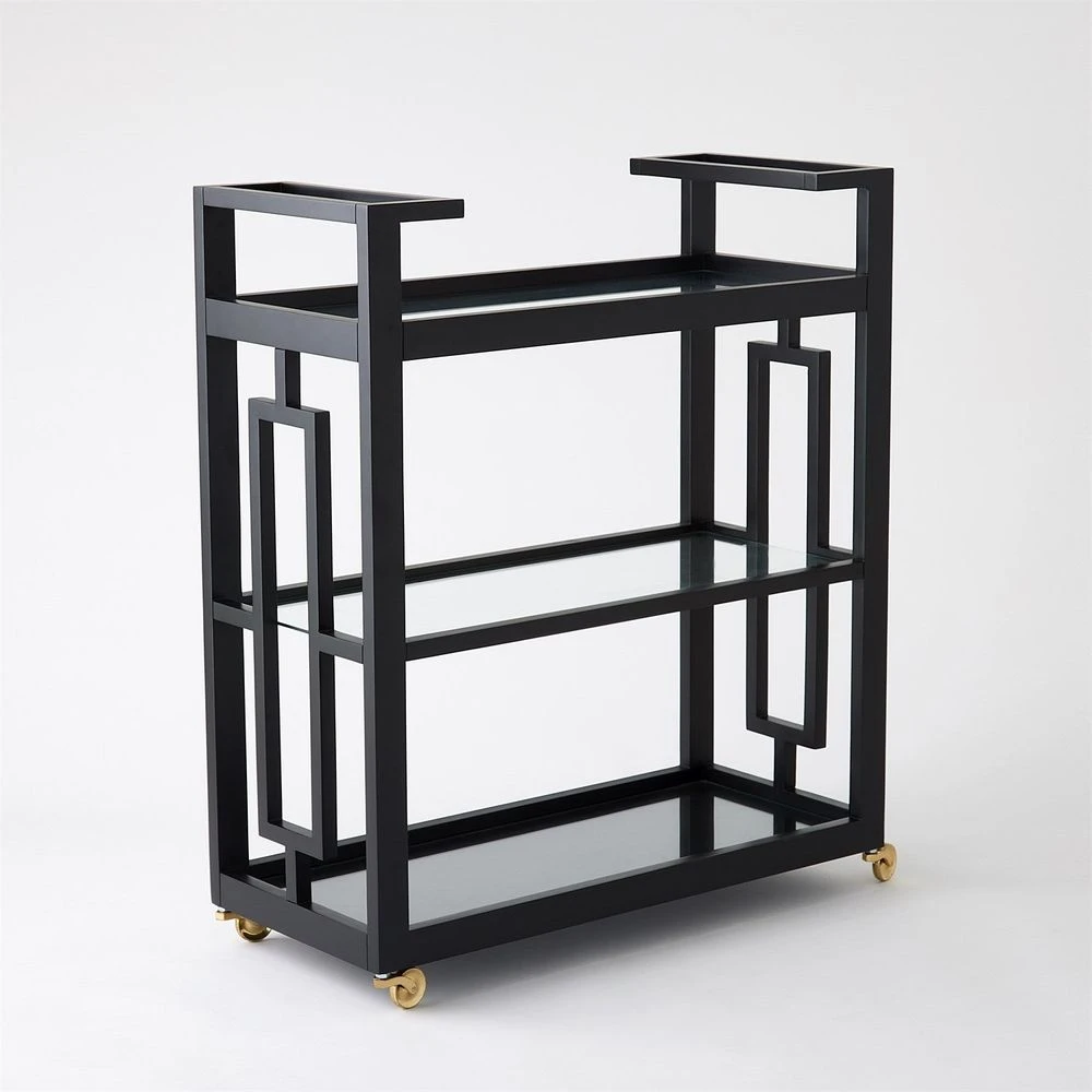 Grid Block Bar Cart-Black Lacquer With Shiny Brass Wheels 4 Grid Block Bar Cart-Black Lacquer With Shiny Brass Wheels - Image 2