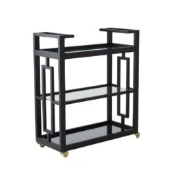 Grid Block Bar Cart-Black Lacquer With Shiny Brass Wheels 9 Grid Block Bar Cart-Black Lacquer With Shiny Brass Wheels -France and Son Store 84165
