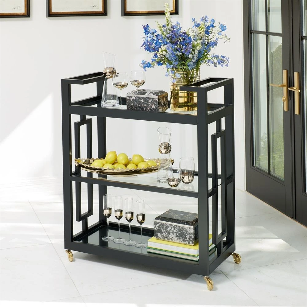 Grid Block Bar Cart-Black Lacquer With Shiny Brass Wheels 7 Grid Block Bar Cart-Black Lacquer With Shiny Brass Wheels - Image 5