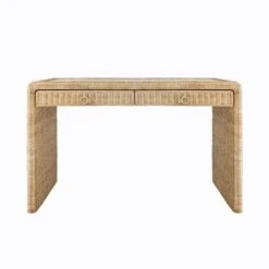 Adrien - Two Drawer Waterfall Edge Desk In Woven Rattan With Glass Top