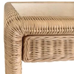 Adrien - Two Drawer Waterfall Edge Desk In Woven Rattan With Glass Top -France and Son Store ADRIEN 20DETAIL 3