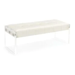 Clarice White Leather Bench - White, Clear