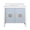 April - Bath Vanity With Textured Light Blue Linen Doors, Matte White Lacquer Surround, Ant Brass Hardware, White Marble Top, And Porcelain Sink -France and Son Store APRIL 20LB
