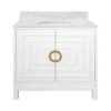 Bixby - Bath Vanity In Matte White Lacquer With Antique Brass Circle Hardware, White Marble Top, And Porcelain Sink -France and Son Store BIXBY 20WH
