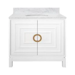 Bixby - Bath Vanity In Matte White Lacquer With Antique Brass Circle Hardware, White Marble Top, And Porcelain Sink