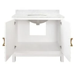 Bixby - Bath Vanity In Matte White Lacquer With Antique Brass Circle Hardware, White Marble Top, And Porcelain Sink -France and Son Store BIXBY 20WH INTERIOR