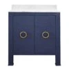Blanche - Bath Vanity In Textured Navy Linen W/ Ant. Brass Hardware, White Marble Top, And Porcelain Sink -France and Son Store BLANCHE 20NVY 20