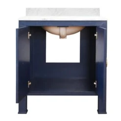 Blanche - Bath Vanity In Textured Navy Linen W/ Ant. Brass Hardware, White Marble Top, And Porcelain Sink -France and Son Store BLANCHE 20NVY INTERIOR