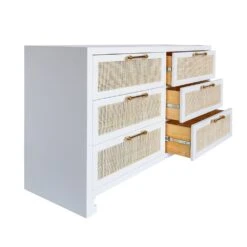 Carla - Six Drawer Cane Front Chest With Brass Hardware In Matte White Lacquer Finish -France and Son Store CARLA 20WH OPEN