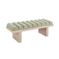 Caspian - Channeled Seat Bench With Cerused Oak Base In Sage Green Velvet -France and Son Store CASPIAN 20SG ANGLE
