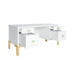 Cosby - Four Drawer Desk In White Lacquer With Brass Base -France and Son Store COSBY WH ANGLE OPEN 91509.1625150244 1c3e9980 05b6 4f58 baf9 28b691c6020b