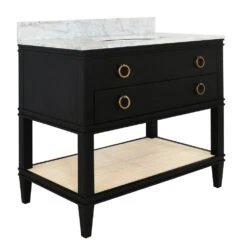 Cutler - Bath Vanity In Matte Black Lacquer With Open Cane Shelf, White Marble Top, Porcelain Sink, And Antique Brass Ring Hardware -France and Son Store CUTLER 20BLK ANGLE