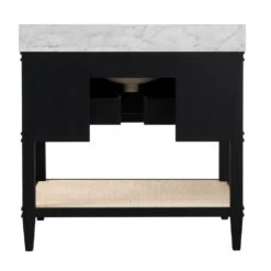 Cutler - Bath Vanity In Matte Black Lacquer With Open Cane Shelf, White Marble Top, Porcelain Sink, And Antique Brass Ring Hardware -France and Son Store CUTLER 20BLK BACK