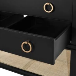 Cutler - Bath Vanity In Matte Black Lacquer With Open Cane Shelf, White Marble Top, Porcelain Sink, And Antique Brass Ring Hardware -France and Son Store CUTLER 20BLK DETAIL 201