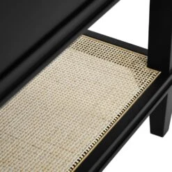 Cutler - Bath Vanity In Matte Black Lacquer With Open Cane Shelf, White Marble Top, Porcelain Sink, And Antique Brass Ring Hardware -France and Son Store CUTLER 20BLK DETAIL 205