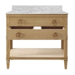 Cutler - Bath Vanity In Cerused Oak With Open Cane Shelf, White Marble Top, Porcelain Sink, And Antique Brass Ring Hardware -France and Son Store CUTLER 20CO 2 20OPEN