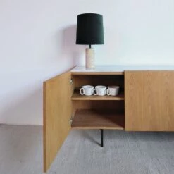 Calvin Buffet White Oak Veneer White Marble Top Black Powder Coated Legs -France and Son Store DBU CALV MWHI WOAK 3