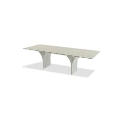 Camber Double Extension Dining Table Bianco Bocciardato Travertine Ceramic Top, Taupe Powder Coated Steel Base
