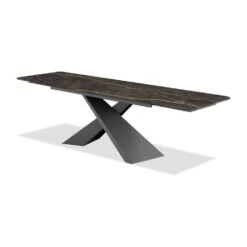 Century Double Extension Dining Table Noir Desir Ceramic Top, Black Powder Coated Steel Base -France and Son Store DTA CENT NODE PCBLA