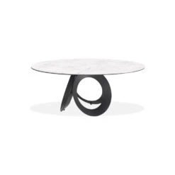Optic Round Dining Table High Gloss White Ceramic Top, Black Powder Coated Steel Base