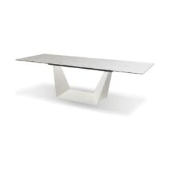 Origami Double Extension Dining Table Carrara White Ceramic Top, White Powder Coated