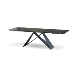 The W Double Extension Dining Table Slate Grey Ceramic Top, Black Powder Coated Steel Base