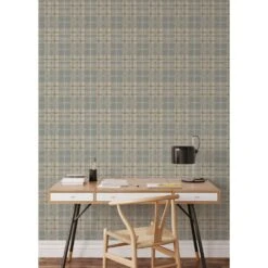 Clark Plaid Wallpaper -France and Son Store Desk2 ClarkPlaid LakeShoreBlue