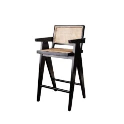 Jeanneret Barstool With Arms Hand Caned Seat And Back 19 Jeanneret Barstool With Arms Hand Caned Seat And Back -France and Son Store FL1325BLK