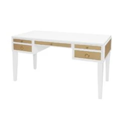 Heidi - White Matte Lacquer Desk With Grasscloth Drawer With Brass Hardware -France and Son Store HEIDI 20WH ANGLE
