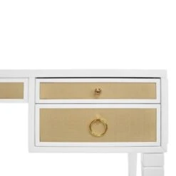 Heidi - White Matte Lacquer Desk With Grasscloth Drawer With Brass Hardware -France and Son Store HEIDI 20WH DETAIL