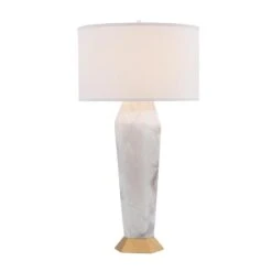 Marble And Gold-Leaf Hexagon Table Lamp - Bronze, White