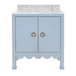 Kealey - Bath Vanity With Scallop Detail In Matte Light Blue With White Marble Top And Porcelain Sink