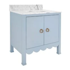 Kealey - Bath Vanity With Scallop Detail In Matte Light Blue With White Marble Top And Porcelain Sink -France and Son Store KEALEY 20LB ANGLE