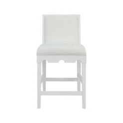Square Back Counter Stool With Decorative Apron In Matte White Lacquer With Performance White Linen Upholstery