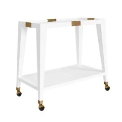 Linus - Flared Bar Cart With Antique Brass Detail In White Textured Linen -France and Son Store LINUS 20WHL ANGLE