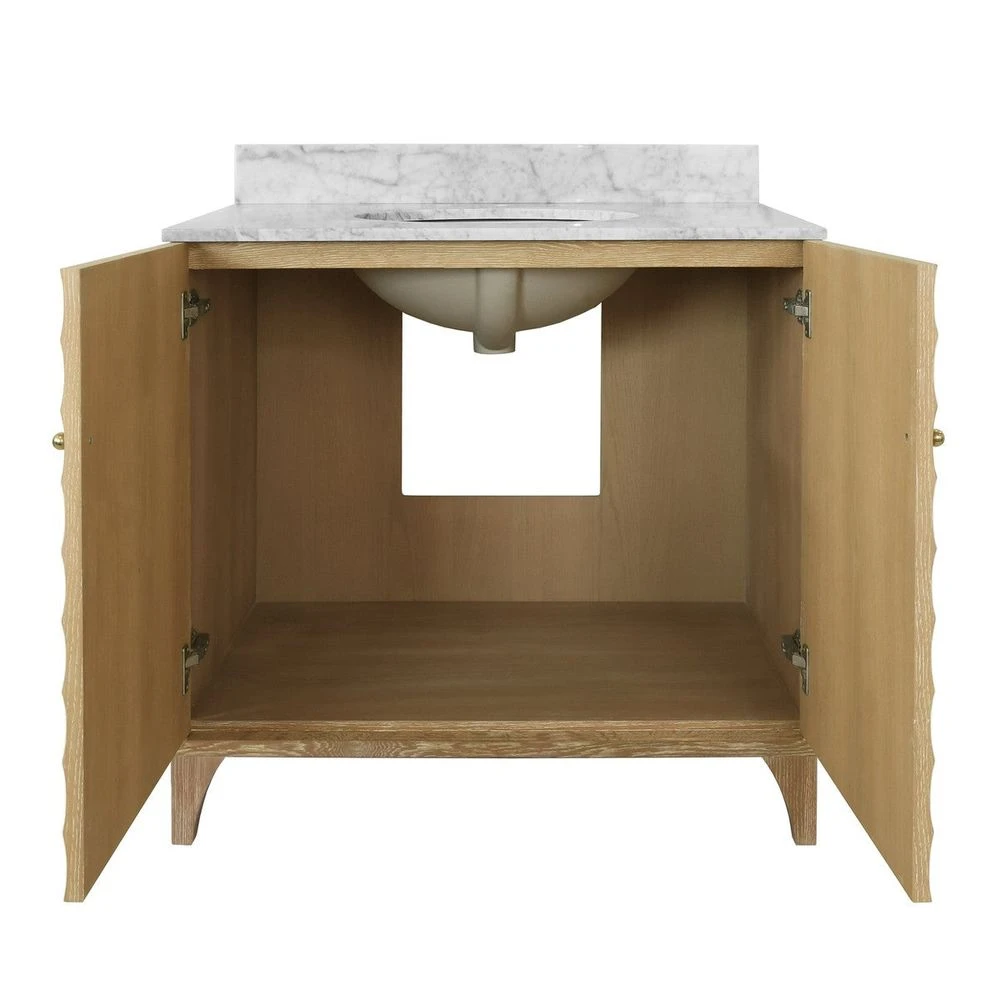 Rhodes - Bath Vanity With Horizontal Fluted Detail In Cerused Oak With White Marble Top, Porcelain Sink, And Polished Brass Knobs 4 Rhodes - Bath Vanity With Horizontal Fluted Detail In Cerused Oak With White Marble Top, Porcelain Sink, And Polished Brass Knobs - Image 2