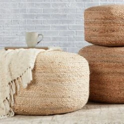 Samira Natural Solid White Cylinder Pouf -France and Son Store SAA15 2