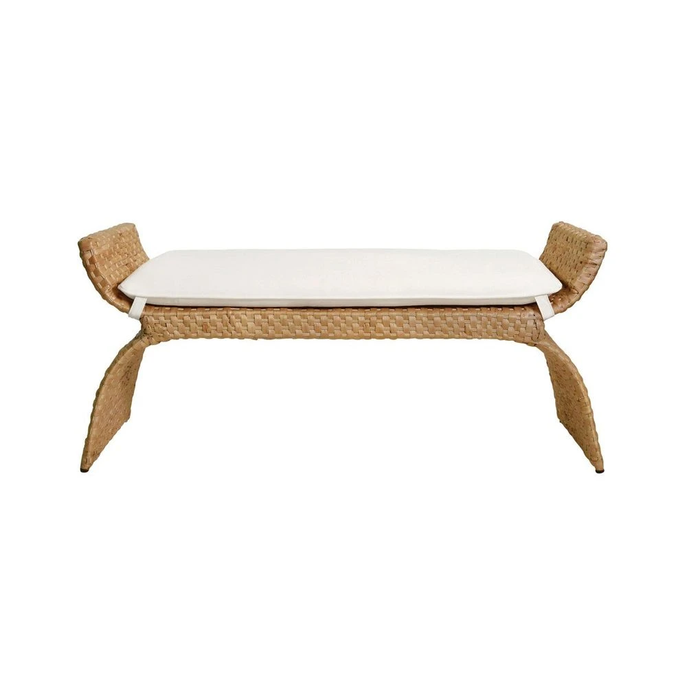 Sachi - Arched Bench In Woven Water Hyacinth With Performance Ivory Linen Cushion 3 Sachi - Arched Bench In Woven Water Hyacinth With Performance Ivory Linen Cushion