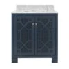 Schaffer - Bath Vanity In Matte Navy Lacquer With Cane Front Doors, White Marble Top, Porcelain Sink, And Polished Brass Knobs -France and Son Store SCHAFFER 20NVY