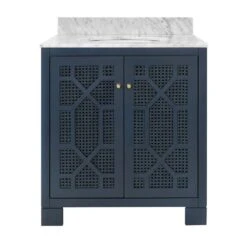Schaffer - Bath Vanity In Matte Navy Lacquer With Cane Front Doors, White Marble Top, Porcelain Sink, And Polished Brass Knobs