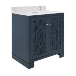 Schaffer - Bath Vanity In Matte Navy Lacquer With Cane Front Doors, White Marble Top, Porcelain Sink, And Polished Brass Knobs -France and Son Store SCHAFFER 20NVY ANGLE