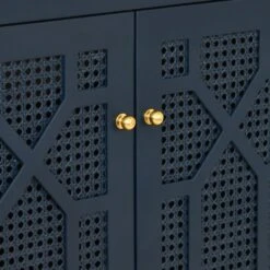 Schaffer - Bath Vanity In Matte Navy Lacquer With Cane Front Doors, White Marble Top, Porcelain Sink, And Polished Brass Knobs -France and Son Store SCHAFFER 20NVY DETAIL 201