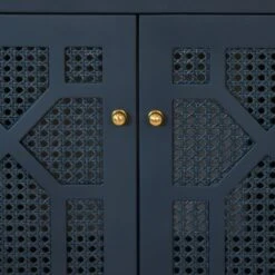 Schaffer - Bath Vanity In Matte Navy Lacquer With Cane Front Doors, White Marble Top, Porcelain Sink, And Polished Brass Knobs -France and Son Store SCHAFFER 20NVY DETAIL 202